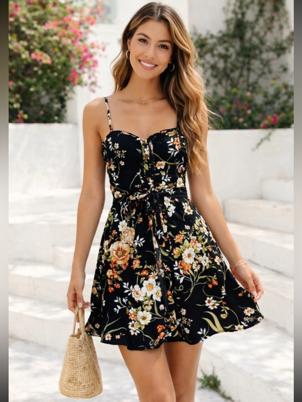 Xhilaration Black Floral Fit & Flare Mini Sundress Adjustable Straps — Size XS